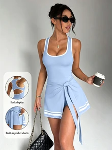 Dewbera Dewbera Spring/Summer Women's Sports Dress, Black Fitted 2 In 1 With Contrast Color Trim, Contrast Stripe Patchwork, Tie Design, Side Slit, Fashionable And Sexy, With Built-In Liners And Pockets, Suitable For Casual Wear, Running, Yoga, Gym, Tennis, Golf - Blue - View 5