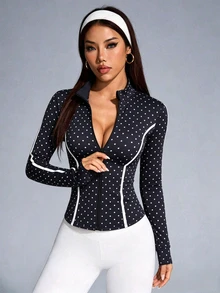 Dewbera Dewbera Jaket Olahraga Kasual Serbaguna Wanita Motif Polkadot Colorblock dengan Resleting untuk Perjalanan Sehari-hari - MultiWarna - View 5