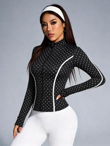 Dewbera Dewbera Jaket Olahraga Kasual Serbaguna Wanita Motif Polkadot Colorblock dengan Resleting untuk Perjalanan Sehari-hari - MultiWarna - View 6