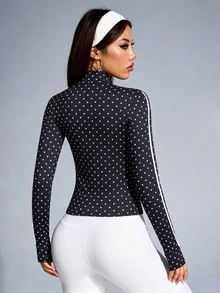 Dewbera Dewbera Jaket Olahraga Kasual Serbaguna Wanita Motif Polkadot Colorblock dengan Resleting untuk Perjalanan Sehari-hari - MultiWarna - View 2