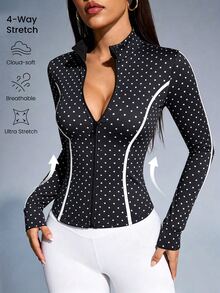 Dewbera Dewbera Jaket Olahraga Kasual Serbaguna Wanita Motif Polkadot Colorblock dengan Resleting untuk Perjalanan Sehari-hari - MultiWarna - View 3