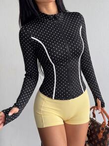 Dewbera Dewbera Jaket Olahraga Kasual Serbaguna Wanita Motif Polkadot Colorblock dengan Resleting untuk Perjalanan Sehari-hari - MultiWarna - View 1