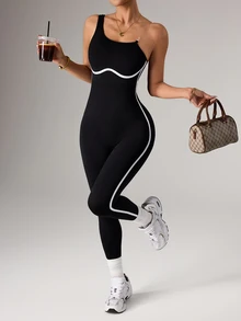 Dewbera Dewbera 女款無縫運動瑜伽連身褲，側條紋修身顯瘦黑白配色，夏季性感健身運動緊身收腹運動服 - 黑色 - 查看 6