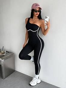 Dewbera Dewbera 女款無縫運動瑜伽連身褲，側條紋修身顯瘦黑白配色，夏季性感健身運動緊身收腹運動服 - 黑色 - 查看 1