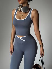 Dewbera Dewbera 女士对比色绑带重叠腰瑜伽运动服套装健身套装两件套瑜伽套装健身房两件套女士运动套装 - 灰色 - 查看 6