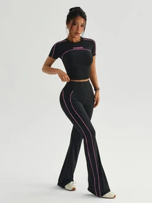Dewbera Dewbera Women's Black & White Fitted Short Sleeve Crew Neck Sports T-Shirt And Flared Leg Sports Pants Set - Black - View 9