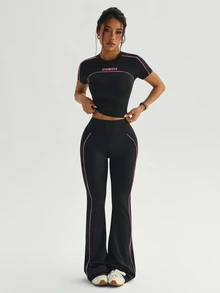 Dewbera Dewbera Women's Black & White Fitted Short Sleeve Crew Neck Sports T-Shirt And Flared Leg Sports Pants Set - Black - View 7