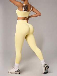 Dewbera Dewbera Seamless High Elasticity Women's Tank Top And Leggings Sports Set - Yellow - View 2