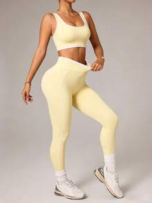 Dewbera Dewbera Seamless High Elasticity Women's Tank Top And Leggings Sports Set - Yellow - View 5