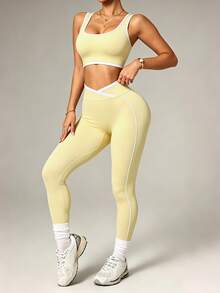 Dewbera Dewbera Seamless High Elasticity Women's Tank Top And Leggings Sports Set - Yellow - View 4