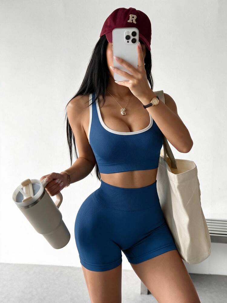 Dewbera Dewbera Women's Summer Blue And White Stripe Workout Set,2 Pieces High Waisted Shorts And Cropped Tank Top Sports Bra,Athleisure Pilates Yoga Athletic Wear - Navy Blue - View 1