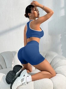 Dewbera Dewbera 女款夏季藍白條紋運動套裝，2件組高腰短褲與短版背心運動內衣，運動休閒風皮拉提斯瑜伽運動服 - 藏蓝色 - 查看 3