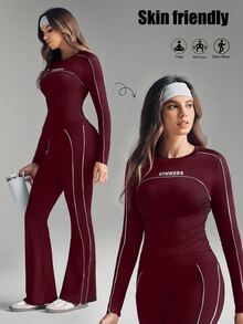 Dewbera Dewbera 一套女士紧身黑白长袖圆领运动T恤和喇叭运动裤，运动套装 - 酒紅色 - 查看 9