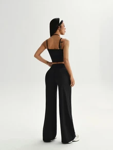 Dewbera Dewbera Women's Solid Color Camisole Top And Leggings Casual Modest Daily Sports Set Gym All Black Summer - Black - View 2