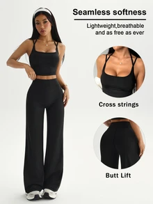 Dewbera Dewbera Women's Solid Color Camisole Top And Leggings Casual Modest Daily Sports Set Gym All Black Summer - Black - View 4