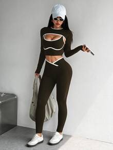 Dewbera Dewbera 女款無縫羅紋運動套裝 3 件組，長袖短外套、拼色背心、交叉腰緊身褲 - 棕色 - 查看 1