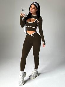 Dewbera Dewbera 女款無縫羅紋運動套裝 3 件組，長袖短外套、拼色背心、交叉腰緊身褲 - 棕色 - 查看 3