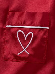 青少年女孩粉色灰粉色緞面純色刺繡長袖褲家居服2件套 秋季居家睡衣可愛仙女風 - 酒紅色 - 查看 8