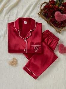青少年女孩粉色灰粉色緞面純色刺繡長袖褲家居服2件套 秋季居家睡衣可愛仙女風 - 酒紅色 - 查看 4