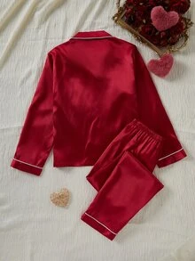 青少年女孩粉色灰粉色緞面純色刺繡長袖褲家居服2件套 秋季居家睡衣可愛仙女風 - 酒紅色 - 查看 3