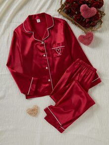 青少年女孩粉色灰粉色緞面純色刺繡長袖褲家居服2件套 秋季居家睡衣可愛仙女風 - 酒紅色 - 查看 2
