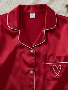 青少年女孩粉色灰粉色緞面純色刺繡長袖褲家居服2件套 秋季居家睡衣可愛仙女風 - 酒紅色 - 查看 7