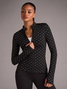 SHEIN BAE 女款波點拉鍊長袖運動夾克 - 黑色 - 查看 1