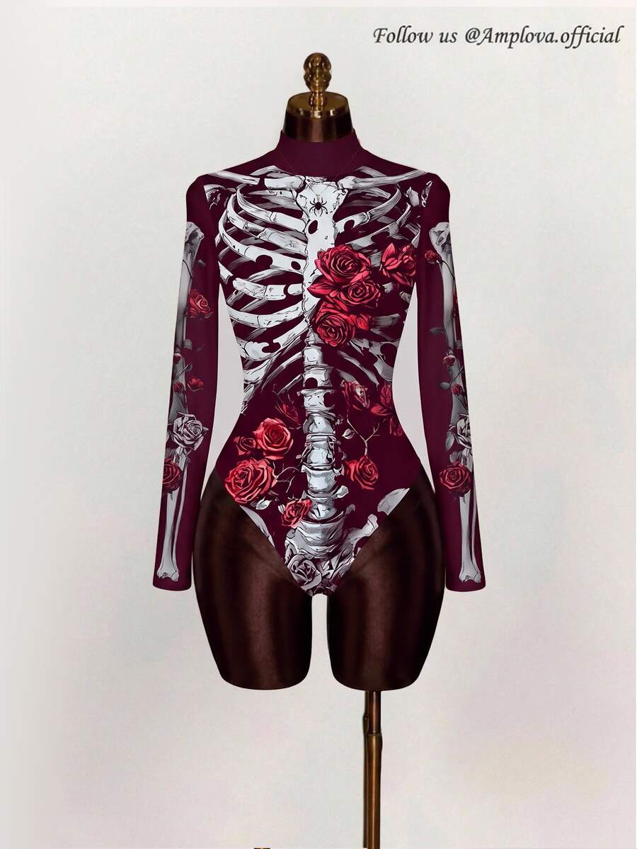 Amplova 女款假領長袖修身連身衣,四季皆宜,秋冬疊穿單品,萬聖節骷髏玫瑰街頭風,酷感極簡機車工裝風,時尚 Y2K 鄉村音樂節穿搭,西部遊牧波希米亞女裝 - 彩色 - 查看 1