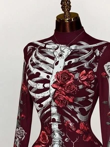 Amplova 女款假領長袖修身連身衣，四季皆宜，秋冬疊穿單品，萬聖節骷髏玫瑰街頭風，酷感極簡機車工裝風，時尚 Y2K 鄉村音樂節穿搭，西部遊牧波希米亞女裝 - 彩色 - 查看 3