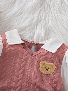 SHEIN Playful Pals 女童公主仙女長袖休閒學院風粉色仿皮洋裝，適合嬰兒洗禮、生日、秋季、萬聖節、聖誕節、周歲生日 - 彩色 - 查看 4