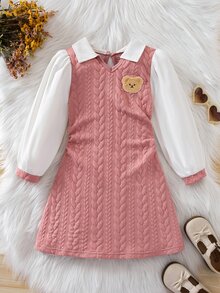 SHEIN Playful Pals 女童公主仙女長袖休閒學院風粉色仿皮洋裝，適合嬰兒洗禮、生日、秋季、萬聖節、聖誕節、周歲生日 - 彩色 - 查看 3
