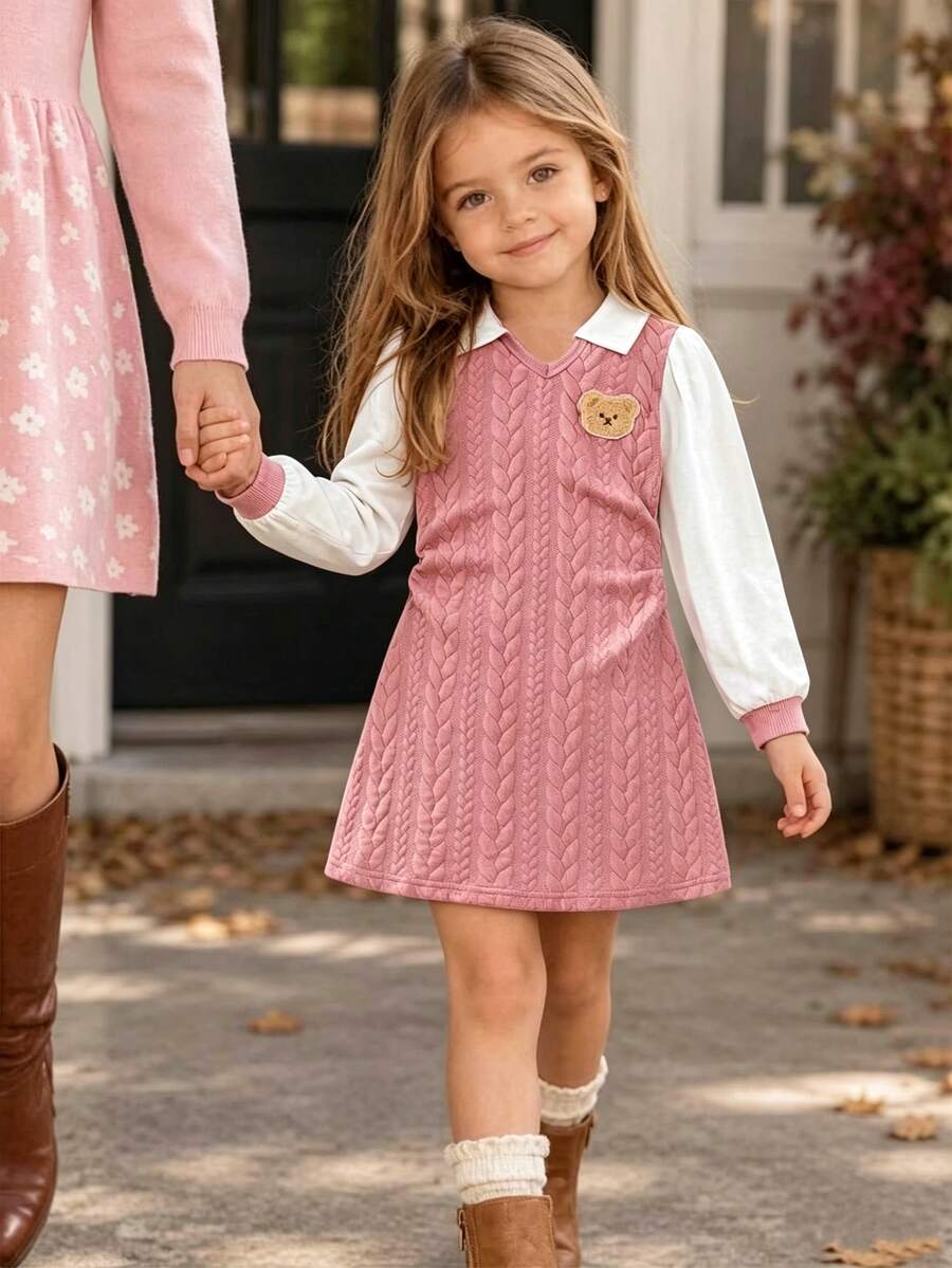 SHEIN Playful Pals 女童公主仙女長袖休閒學院風粉色仿皮洋裝,適合嬰兒洗禮、生日、秋季、萬聖節、聖誕節、周歲生日 - 彩色 - 查看 1
