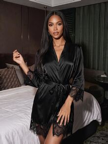 Silforma Eyelash Lace Trim Self Belted Satin Belted Night Robe Luxeloungewear, Fall & Winter Cozy And Elegant - Black - View 3