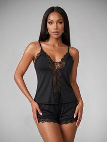 Silforma Women's Lace Patchwork Camisole And Shorts Loungewear Set - Black - View 4
