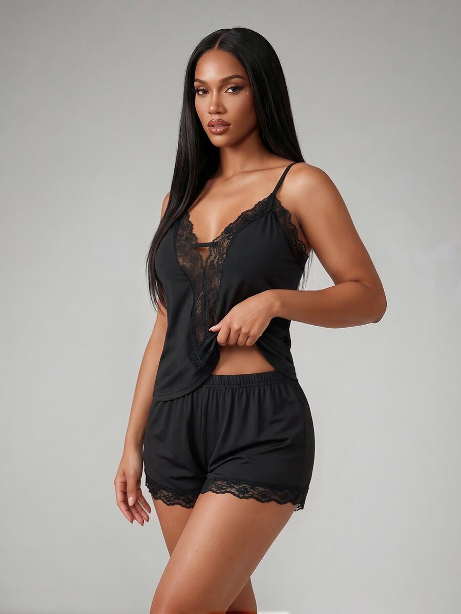 Silforma Women's Lace Patchwork Camisole And Shorts Loungewear Set - Black - View 1
