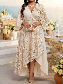 SHEIN CURVE+ Plus Size Women's Floral Sequin Overlap V-Neck Flare Sleeve Elegant Dress Fall Christmas - Apricot - View 6