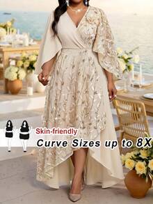 SHEIN CURVE+ Plus Size Women's Floral Sequin Overlap V-Neck Flare Sleeve Elegant Dress Fall Christmas - Apricot - View 1