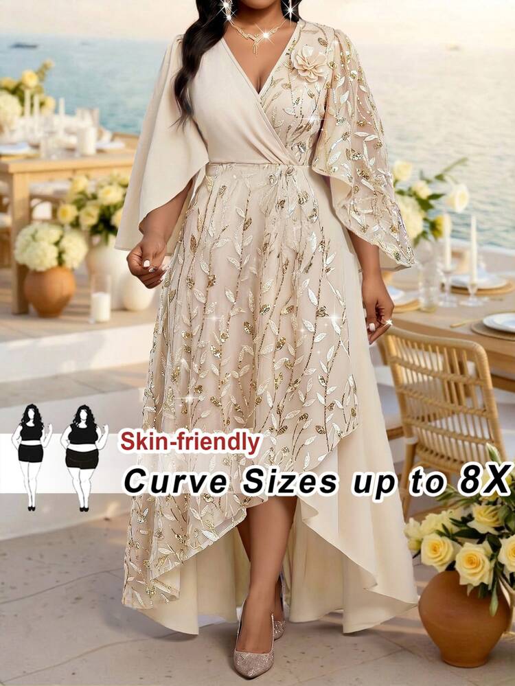 SHEIN CURVE+ 大尺碼女款花卉亮片重疊V領喇叭袖優雅洋裝 秋季聖誕 - 杏色 - 查看 1