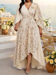 SHEIN CURVE+ Plus Size Women's Floral Sequin Overlap V-Neck Flare Sleeve Elegant Dress Fall Christmas - Apricot - View 8