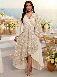 SHEIN CURVE+ Plus Size Women's Floral Sequin Overlap V-Neck Flare Sleeve Elegant Dress Fall Christmas - Apricot - View 4
