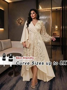 SHEIN CURVE+ Plus Size Women's Floral Sequin Overlap V-Neck Flare Sleeve Elegant Dress Fall Christmas - Apricot - View 2