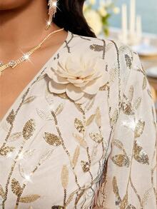 SHEIN CURVE+ Plus Size Women's Floral Sequin Overlap V-Neck Flare Sleeve Elegant Dress Fall Christmas - Apricot - View 7