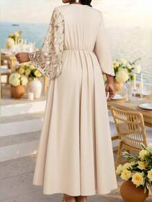 SHEIN CURVE+ Plus Size Women's Floral Sequin Overlap V-Neck Flare Sleeve Elegant Dress Fall Christmas - Apricot - View 3