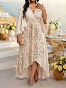 SHEIN CURVE+ Plus Size Women's Floral Sequin Overlap V-Neck Flare Sleeve Elegant Dress Fall Christmas - Apricot - View 5