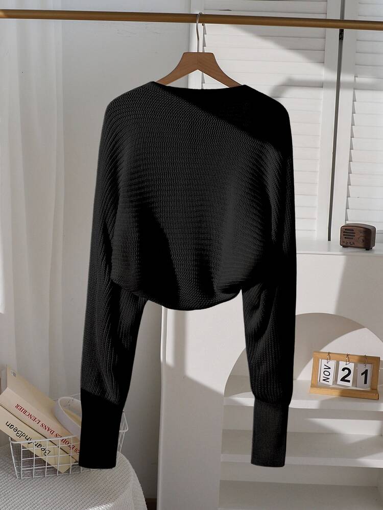 Teen Girl Black Knitwear Cardigan,Autumn Holiday Back-To-School Solid Loose Short Bolero Cardigan With Batwing Sleeves,Everyday Casual Cropped Tops - Black - View 3