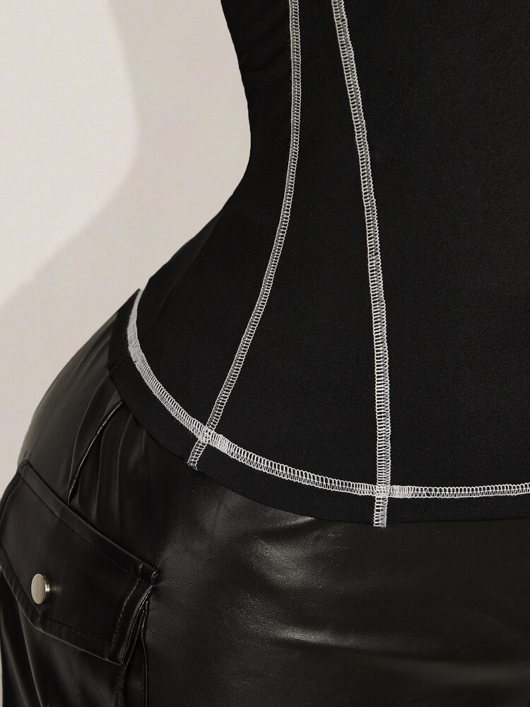 SHEIN ICON Women's Plus Size Autumn/Winter Retro Sexy Millennial Style Y2K Halloween Outfit Spider Pattern Color Block Stitching Black Vest - Black - View 5