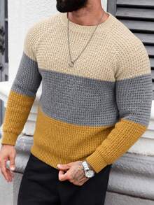 Manfinity Homme 男士對比色極簡圓領長袖毛衣，休閒日常穿著大地色系男士針織衫 - 薑色 - 查看 5