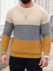 Manfinity Homme 男士對比色極簡圓領長袖毛衣，休閒日常穿著大地色系男士針織衫 - 薑色 - 查看 3