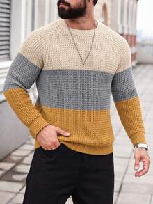 Manfinity Homme 男士對比色極簡圓領長袖毛衣，休閒日常穿著大地色系男士針織衫 - 薑色 - 查看 4