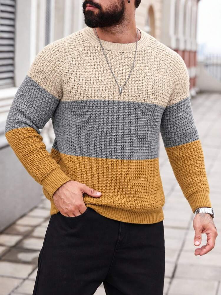 Manfinity Homme Men's Contrast Color Minimalist Crew Neck Long Sleeve Sweater, Casual Everyday Wear Earthy Men Jumper - Ginger - View 4